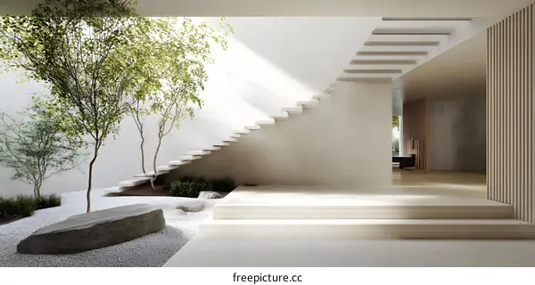 Minimalist Modern Home Interior Design With Stairs and Garden