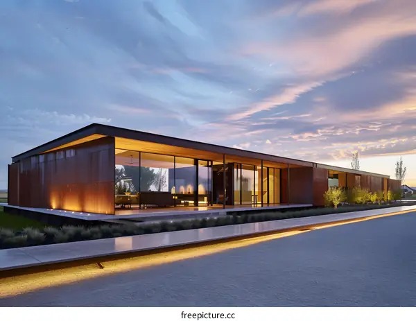 Modern Minimalist House With Rusted Metal Siding And Glass Windows At Sunset