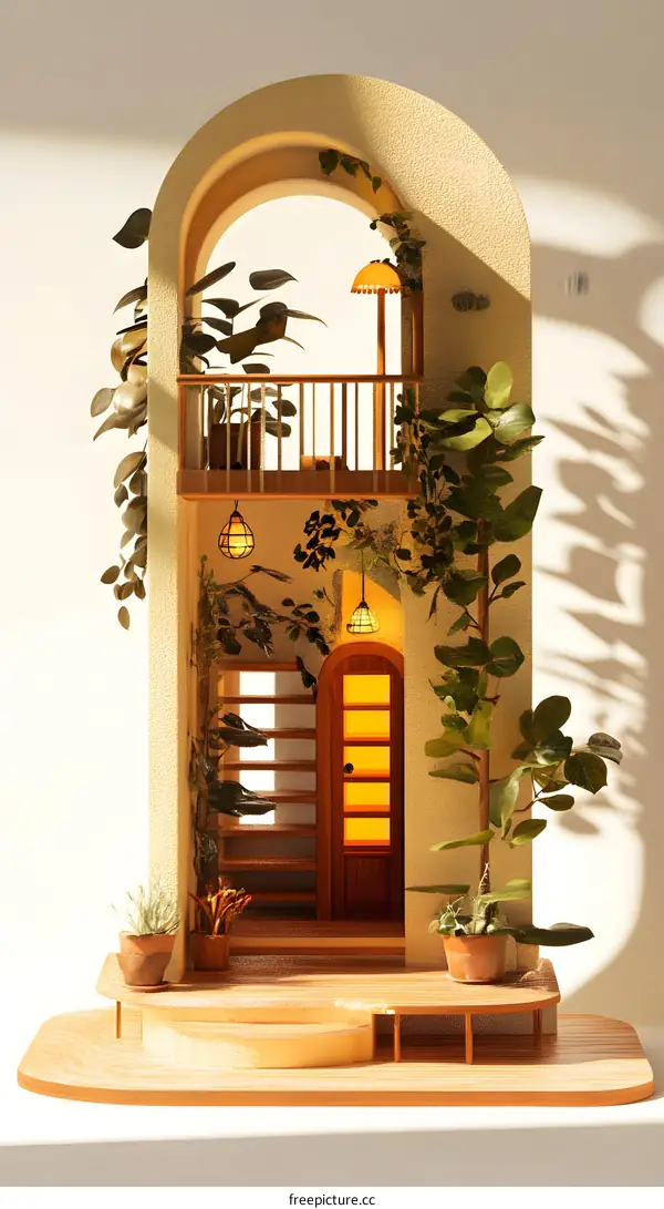 Minimalist 3D Illustration of a House with Plants