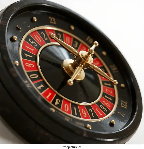 Close-up of a classic casino roulette wheel with red and black numbers