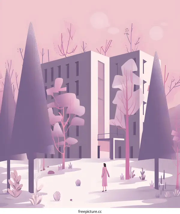 Woman Walking in Front of Pink Building With Trees