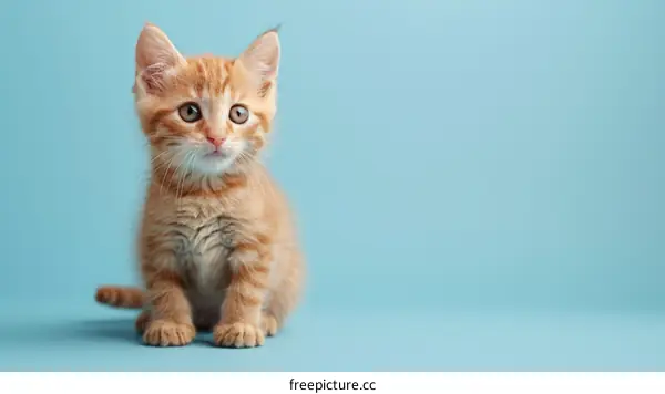 Cute ginger kitten on blue background