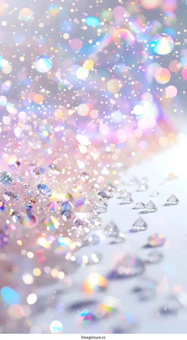 Diamonds and gems scattered on a white surface with a blurred background of pink and blue lights.