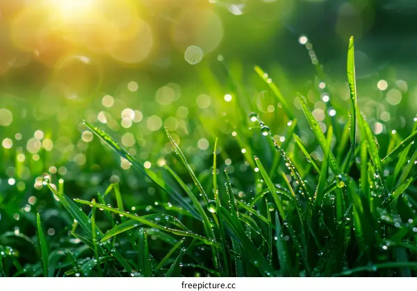 Close-up of green grass with dew drops in the morning sunlight