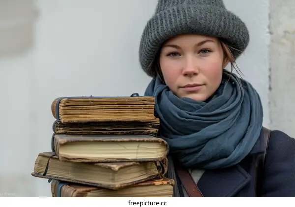 Portrait of a young woman with a stack of old books
