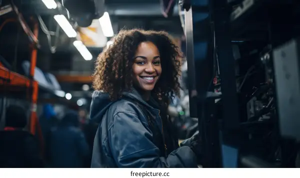 Portrait of a smiling young woman working in a factory