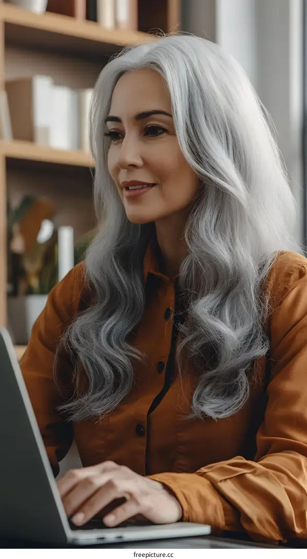 Mature Woman with Gray Hair Using Laptop in Home Office