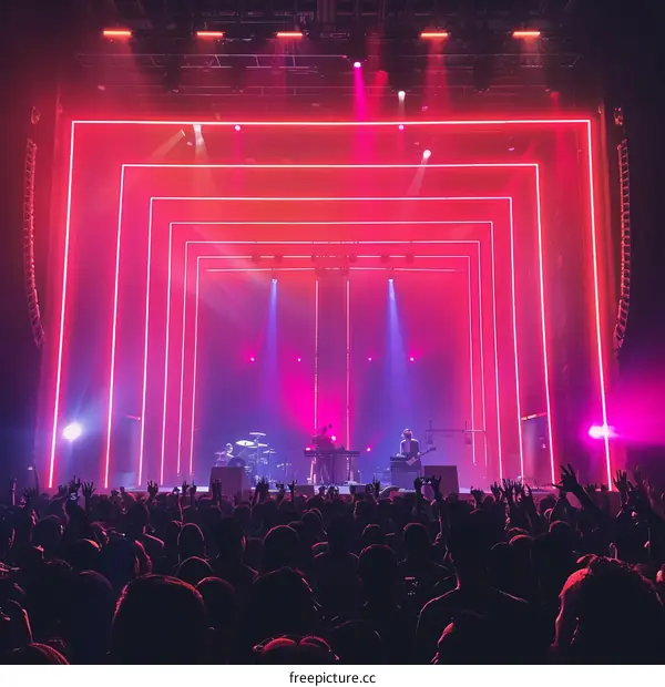 Musicians performing live on stage with pink lights in the background