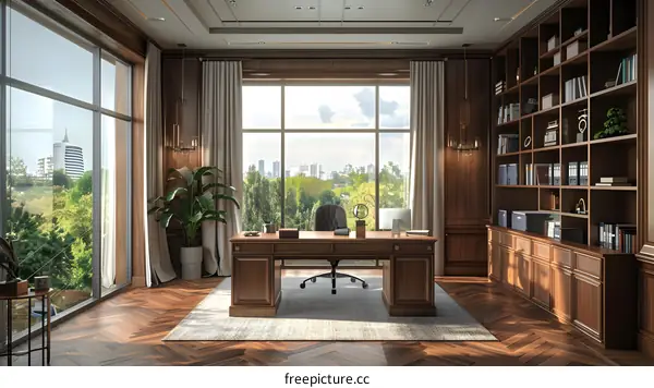 Luxury home office interior with large windows and wooden furniture