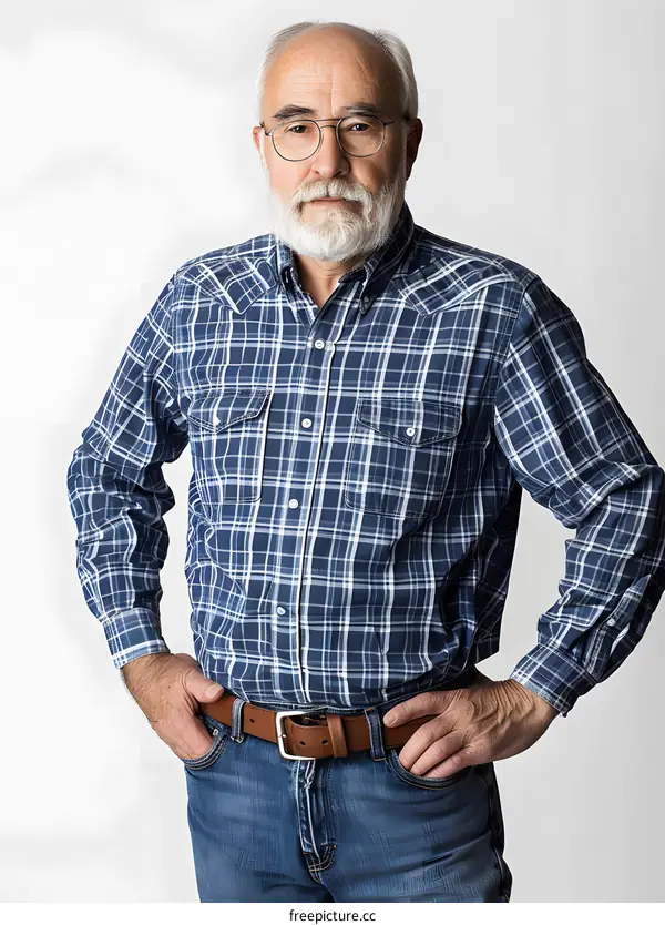 portrait of a senior man with beard wearing glasses and casual clothes