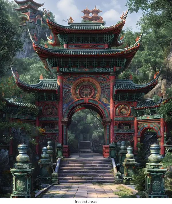 ornate oriental temple gate in a lush green forest