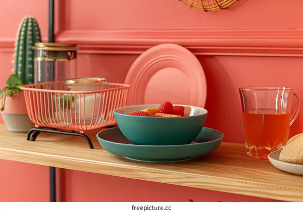 Teal Bowl with Raspberries on a Shelf