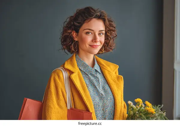 Smiling Woman Holding Flowers in a Yellow Coat