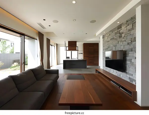Modern Living Room Interior Design with Stone Wall and Wooden Floor