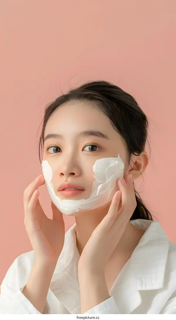Woman Applying Face Cream on Pink Background