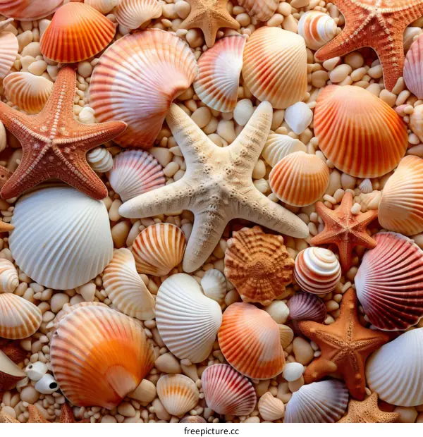 An assortment of seashells and starfish on a background of pebbles