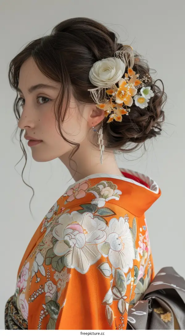 Portrait of a young woman wearing a kimono with flowers in her hair