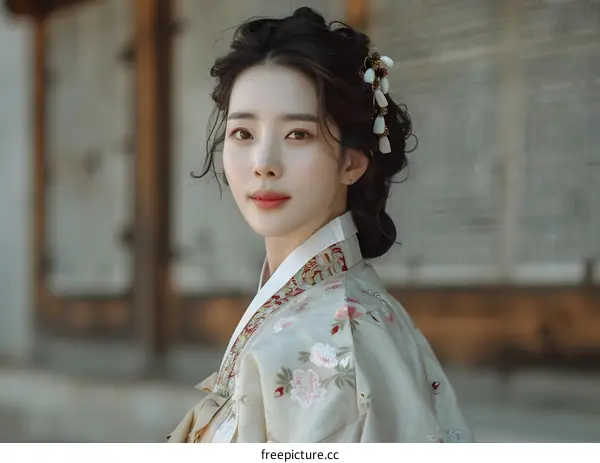 Portrait of a young woman in traditional Korean dress, or hanbok