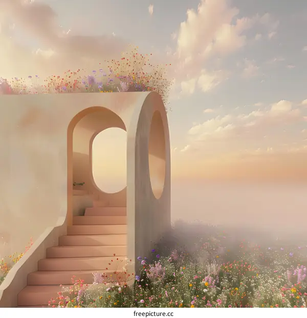 Archway with Stairs and Flower Field