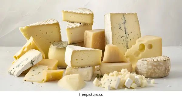 Assortment of French Cheeses on White Background