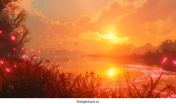 Neon Sunset Over the Lake