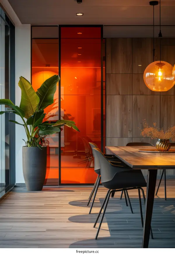 Modern office interior with orange glass wall and wooden dining table