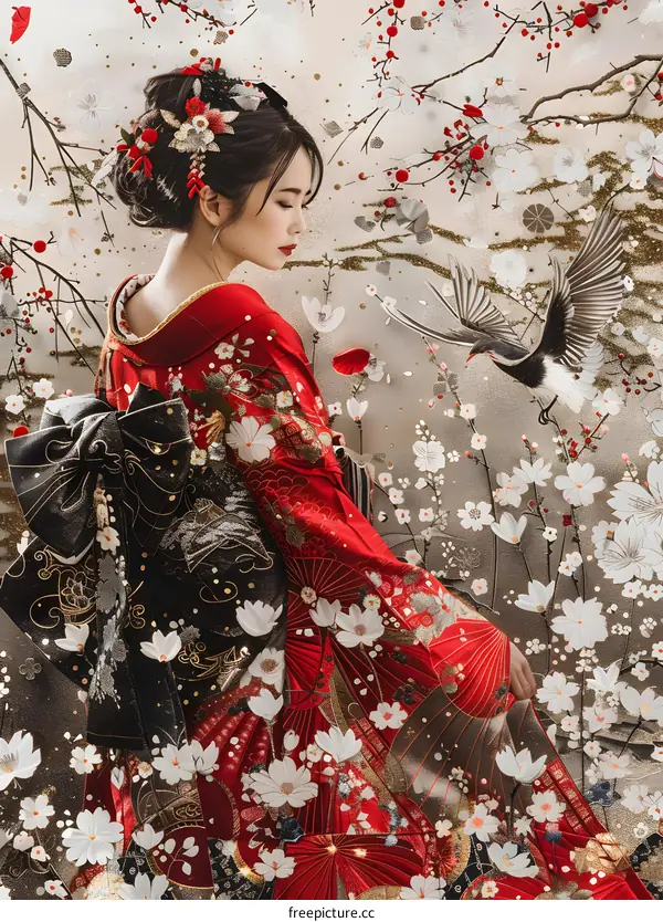 A Japanese Geisha in a red kimono