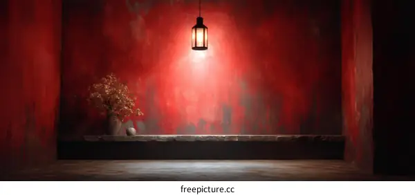 Red Wall Room with a Hanging Lamp