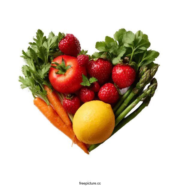 [Transparent Background PNG]Colorful Heart-Shaped Composition of Fresh Fruits and Vegetables