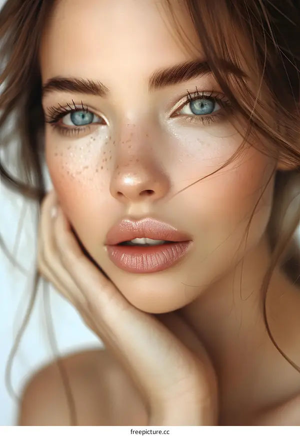 portrait of a beautiful young woman with freckles and blue eyes