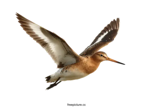 [Transparent Background PNG]A Black-tailed Godwit in Flight Against a White Background