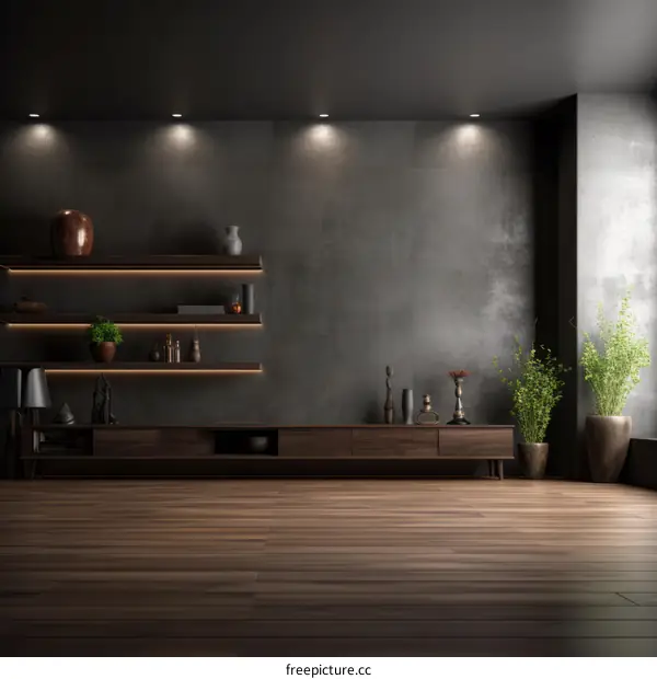 A dark and moody living room with a large wooden TV stand, shelves, and plants