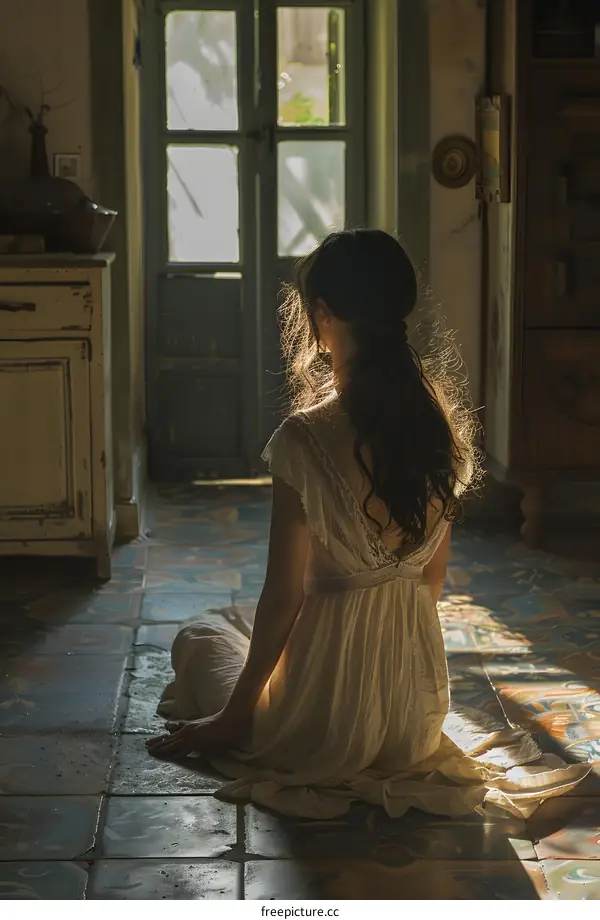 girl sitting on the floor with her back to the camera