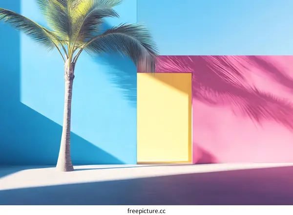 Tropical Palm Tree Minimalist Background With Colorful Walls