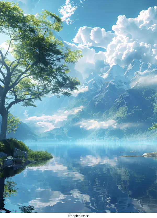 Serene Mountain Lake Landscape Illustration