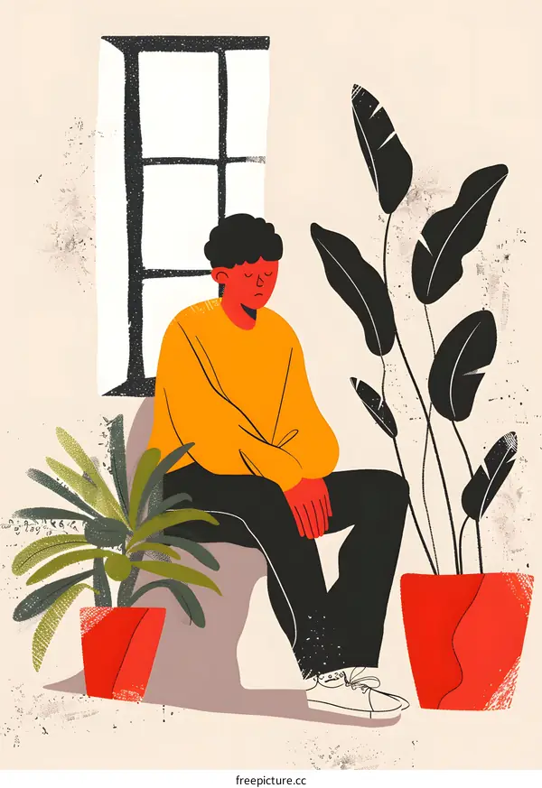 Man Sitting Near Window With Plants Illustration