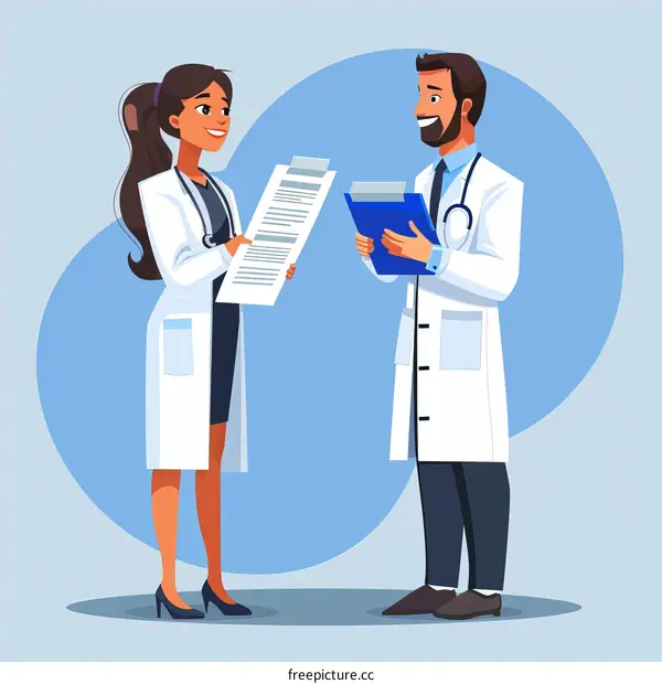 Two doctors in white coats are discussing a medical case