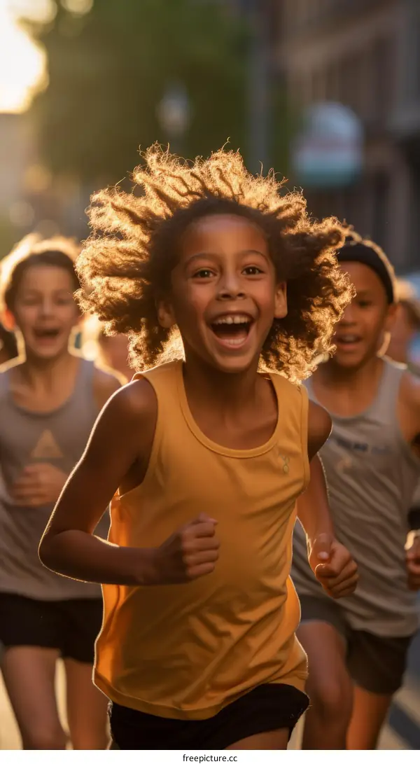 A group of children are running down a city street.