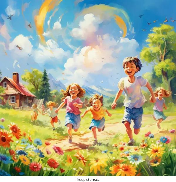 Children running in a field of flowers on a sunny day