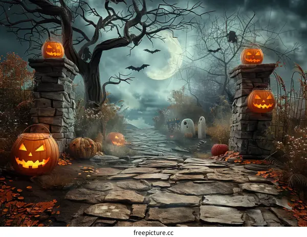 Spooky Halloween Pumpkin with Bat and Moon