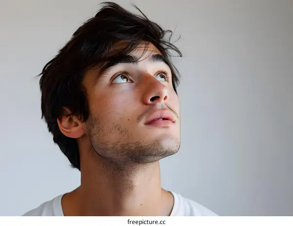 Young Man Looking Up with Hope and Wonder