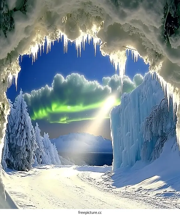 Winter Landscape with Aurora Borealis Seen Through Ice Cave