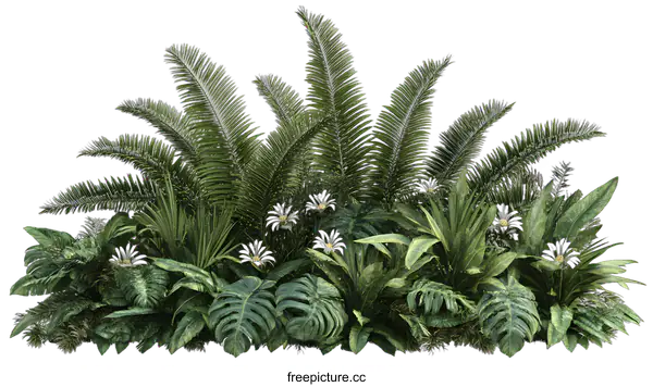 [Transparent Background PNG]Tropical Foliage with White Flowers