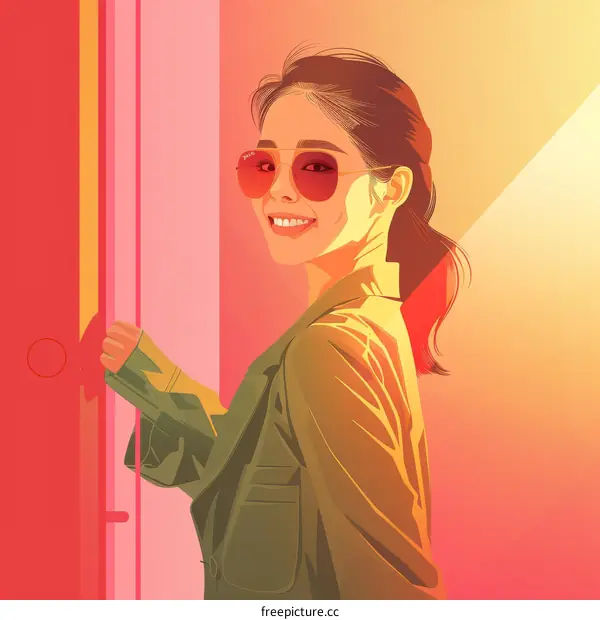 An illustration of a young woman smiling and opening a door.