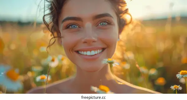 Portrait of a beautiful young woman with blue eyes and a happy smile surrounded by chamomile flowers