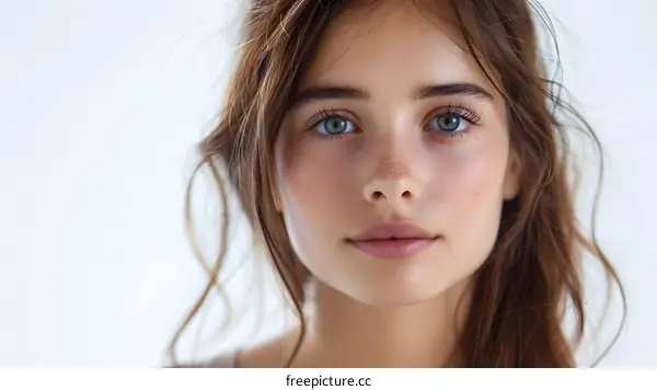 portrait of a young woman with freckles and blue eyes