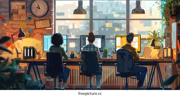 Three people working in an office