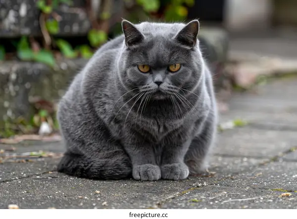 A gray British shorthair cat is sitting on the ground and looking at the camera.