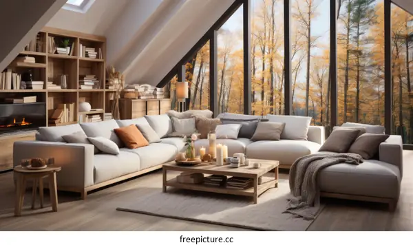 Cozy Living Room with Fireplace and Autumn Forest View