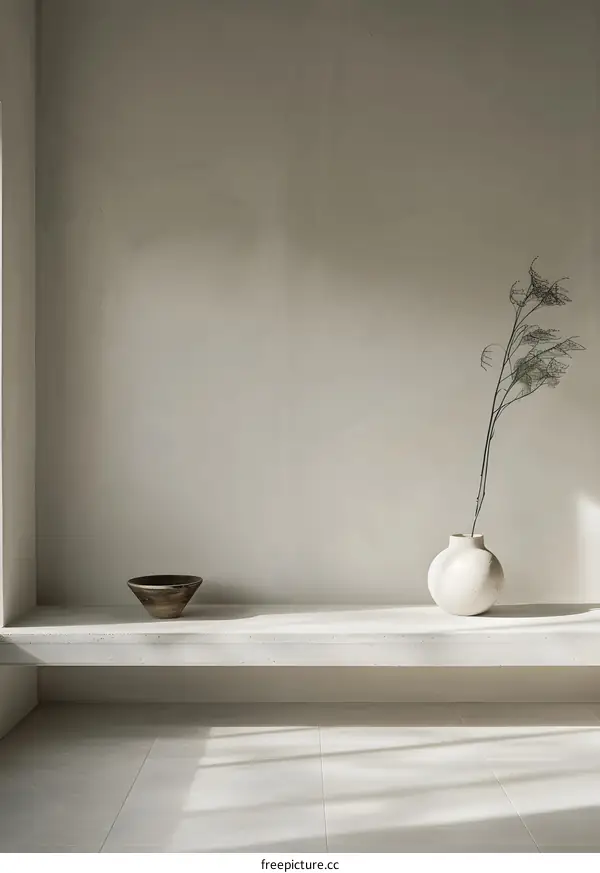 Minimalist Interior Design with White Wall and Wooden Bowl